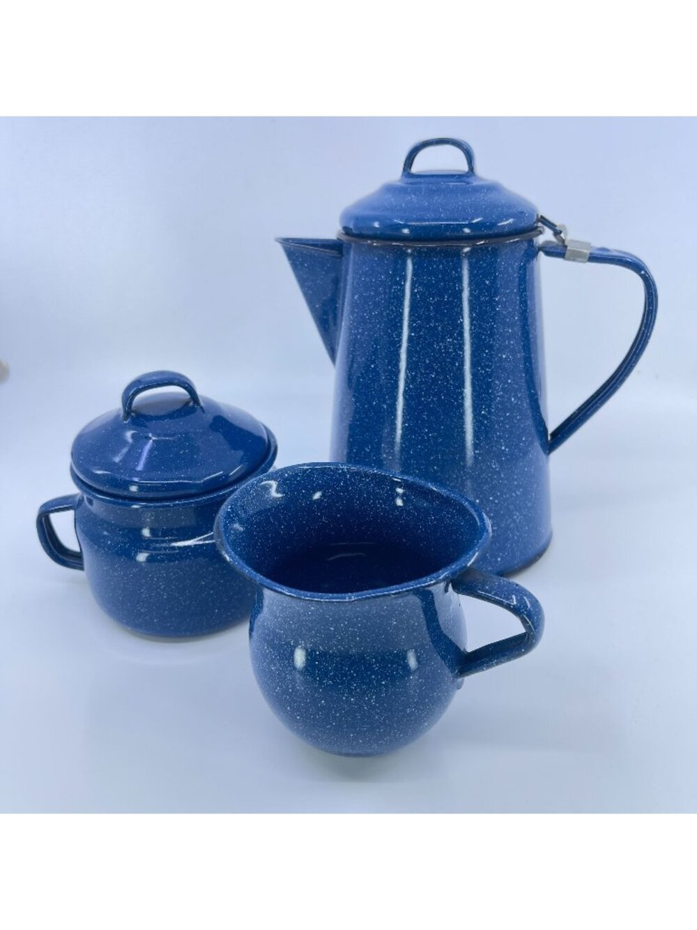 vintage blue speckled enamelware coffee pot mug & sugar bowl set